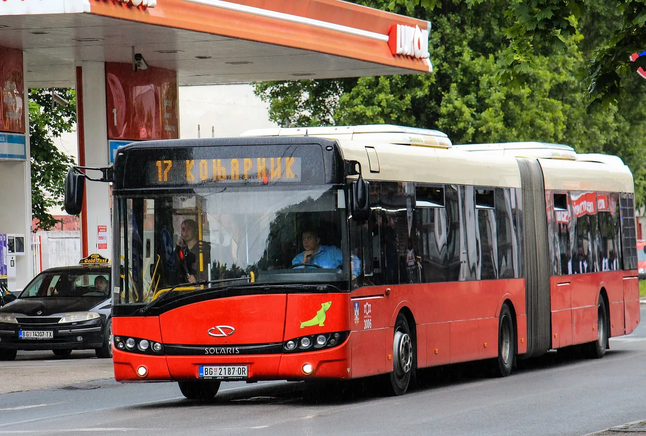 A Belgrade city bus at a stop in the Zemun district, part of the network that has been free to ride since 2025