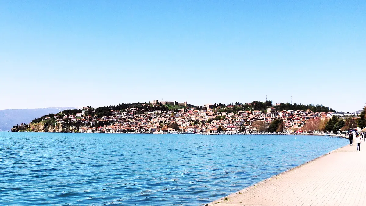 The old town of Ohrid stepping down to the still blue water of Lake Ohrid