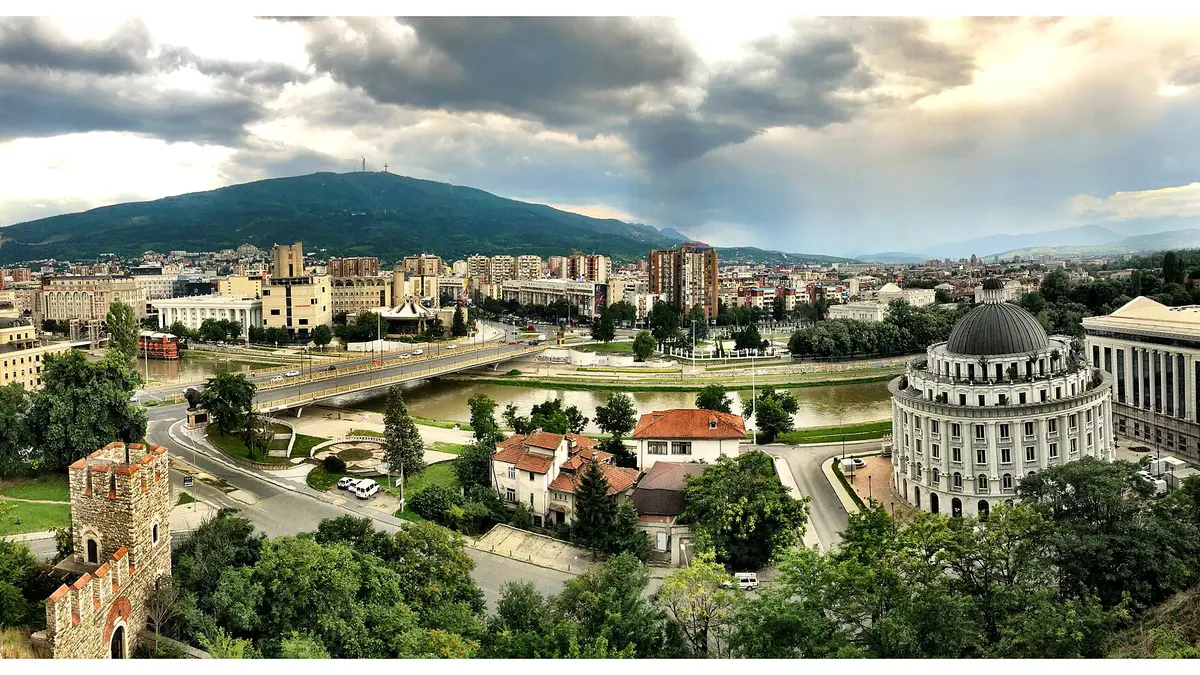 The Vardar river and central Skopje with Mount Vodno rising behind the city