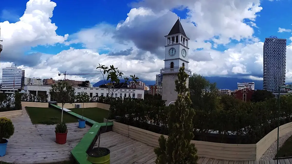 Skanderbeg Square in Tirana with the mosque, clock tower and open plaza