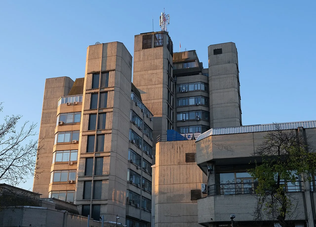 The brutalist headquarters of the National Bank of the Republic of North Macedonia in Skopje