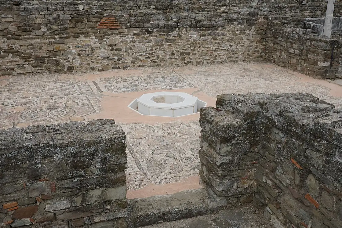 Roman ruins of a bath complex with columns at the Stobi archaeological site in North Macedonia