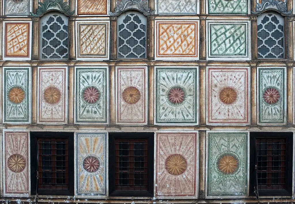 Detail of the colourful painted floral frescoes on the exterior of the Painted Mosque in Tetovo