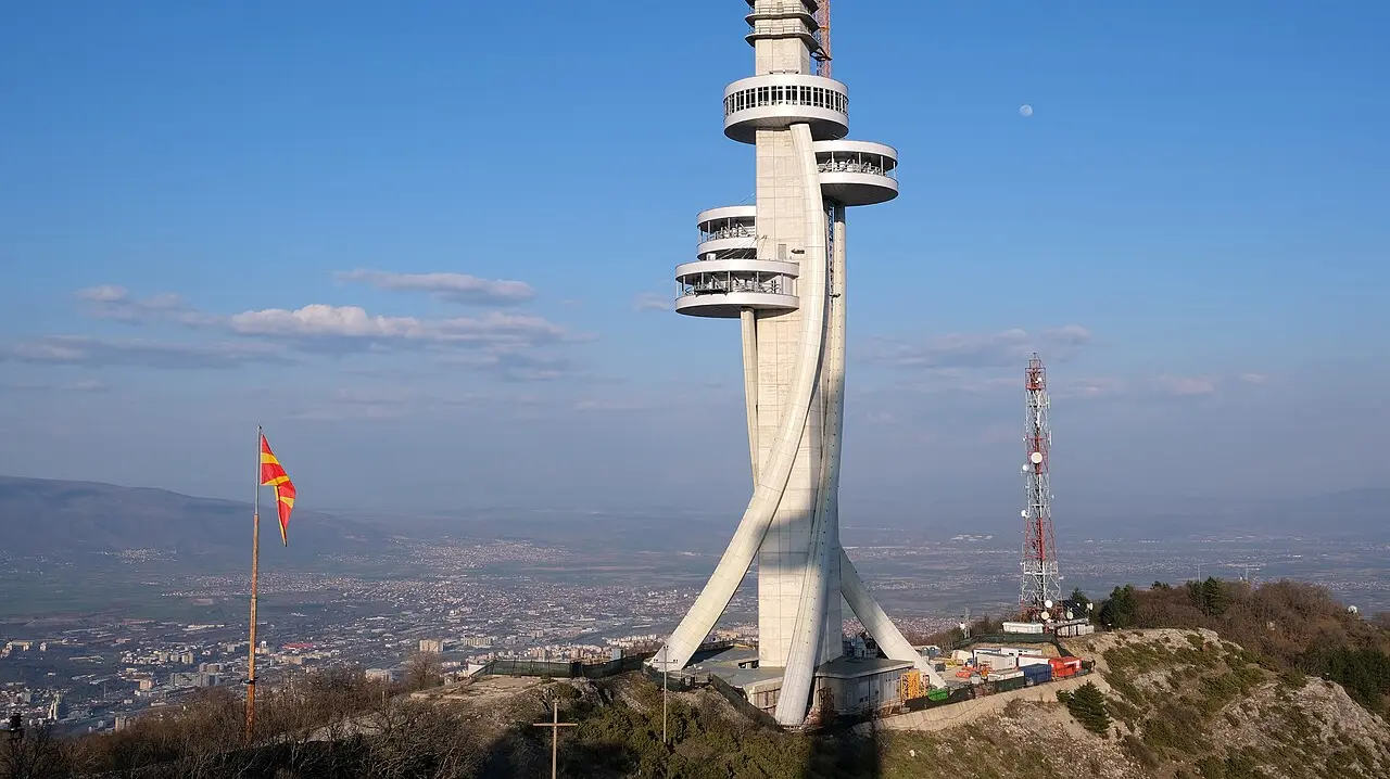 The telecommunication tower on Mount Vodno above Skopje with a mast beside it
