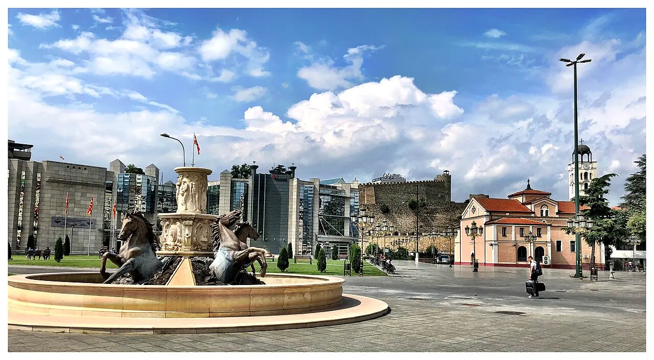 Karpos Rebellion Square in Skopje with the fortress on the hill behind