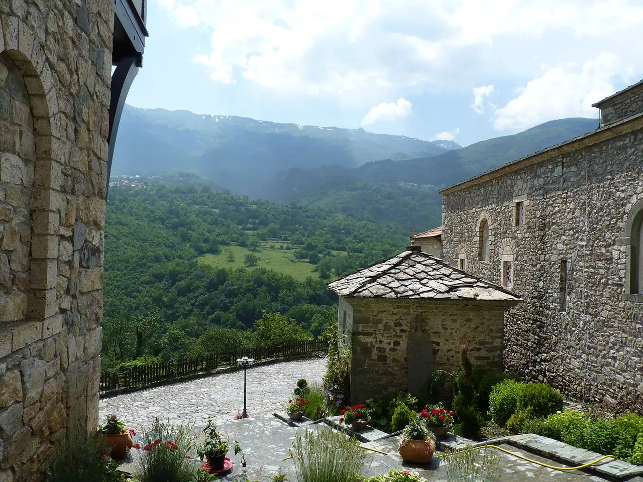 The view from the monastery terrace over the Radika valley towards the mountains