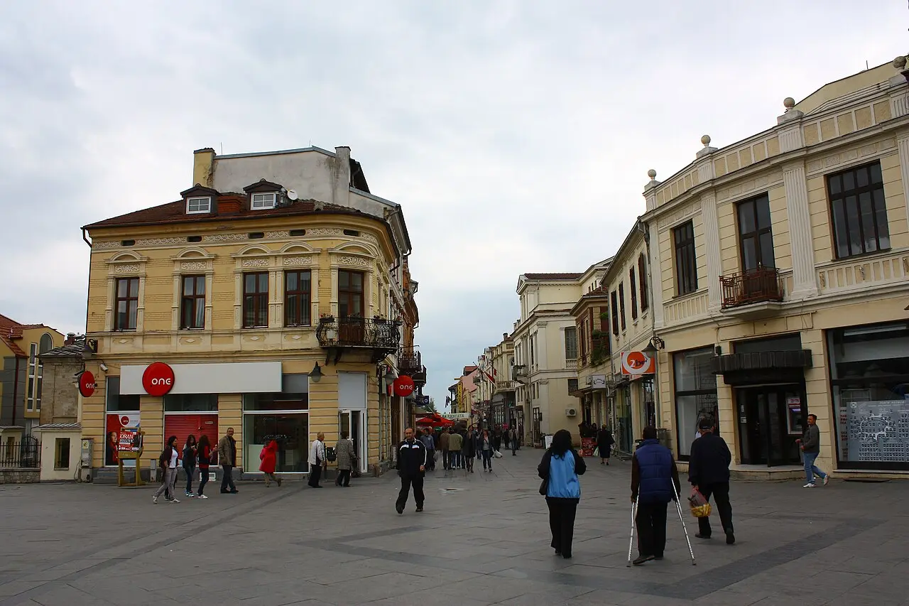 People strolling along Širok Sokak, Bitola's pedestrian street, lined with 19th-century facades