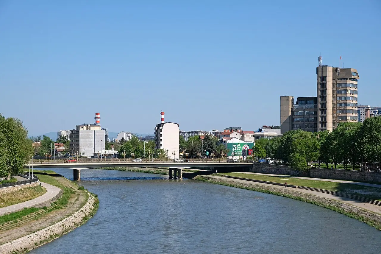 Buildings and trees along the Vardar river banks in Skopje