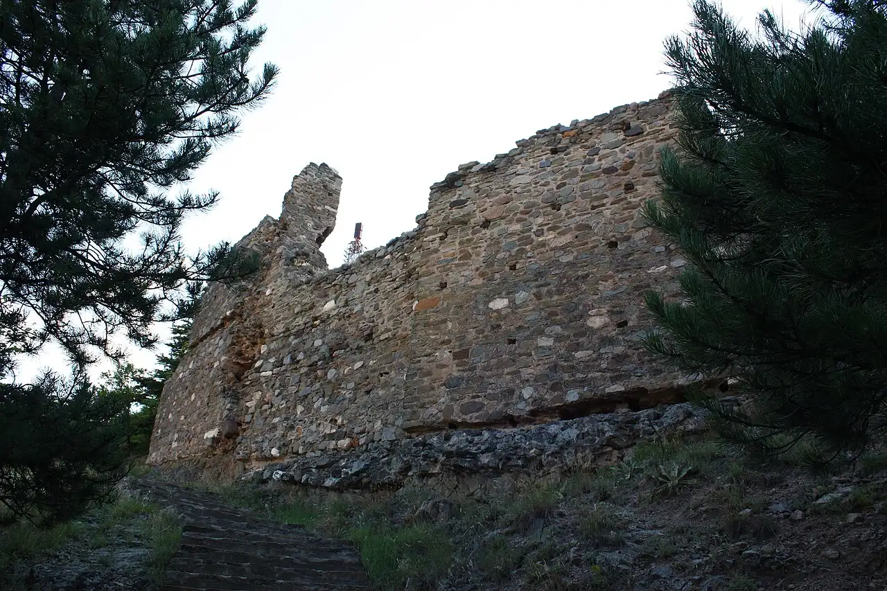 The Isar fortress hill above Shtip with stone ruins and the town valley beyond