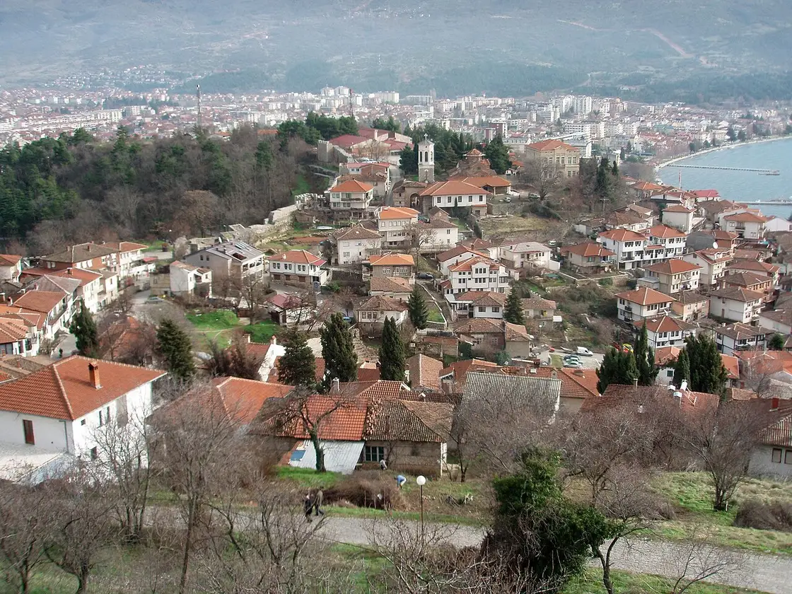 Ohrid old town and lake seen from Samuil's Fortress, with red-roofed houses down to the water