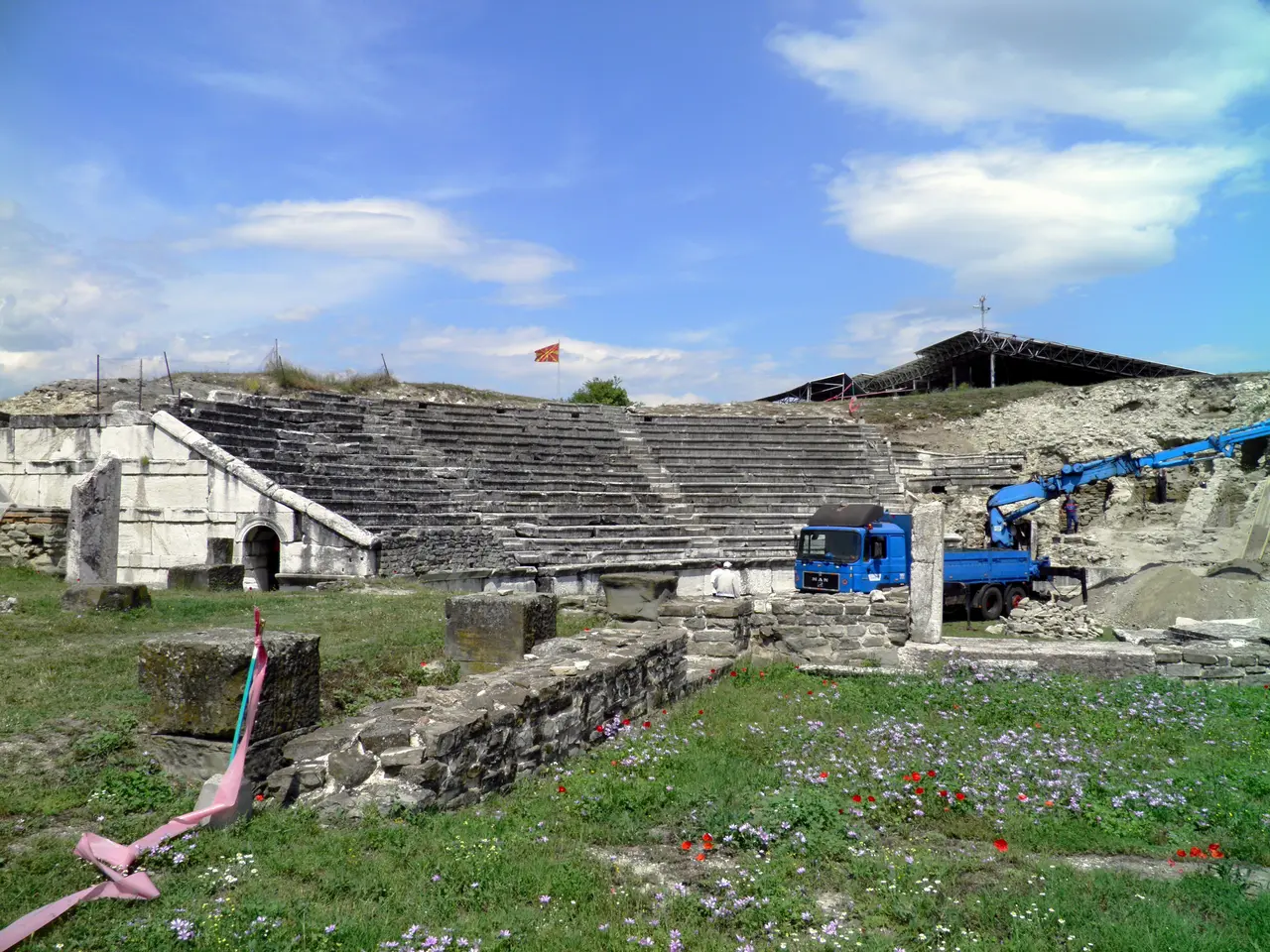 The excavated Roman theatre at Stobi with stone seating tiers