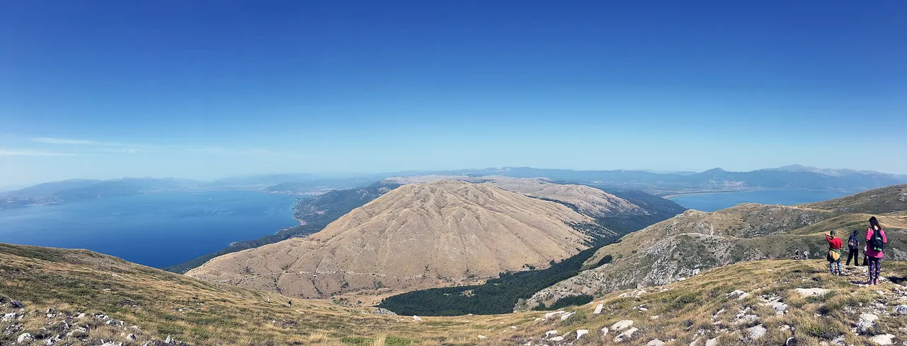 Panorama from the Galičica ridge with Lake Ohrid on the left, the bare mountain massif in the centre and Lake Prespa on the right