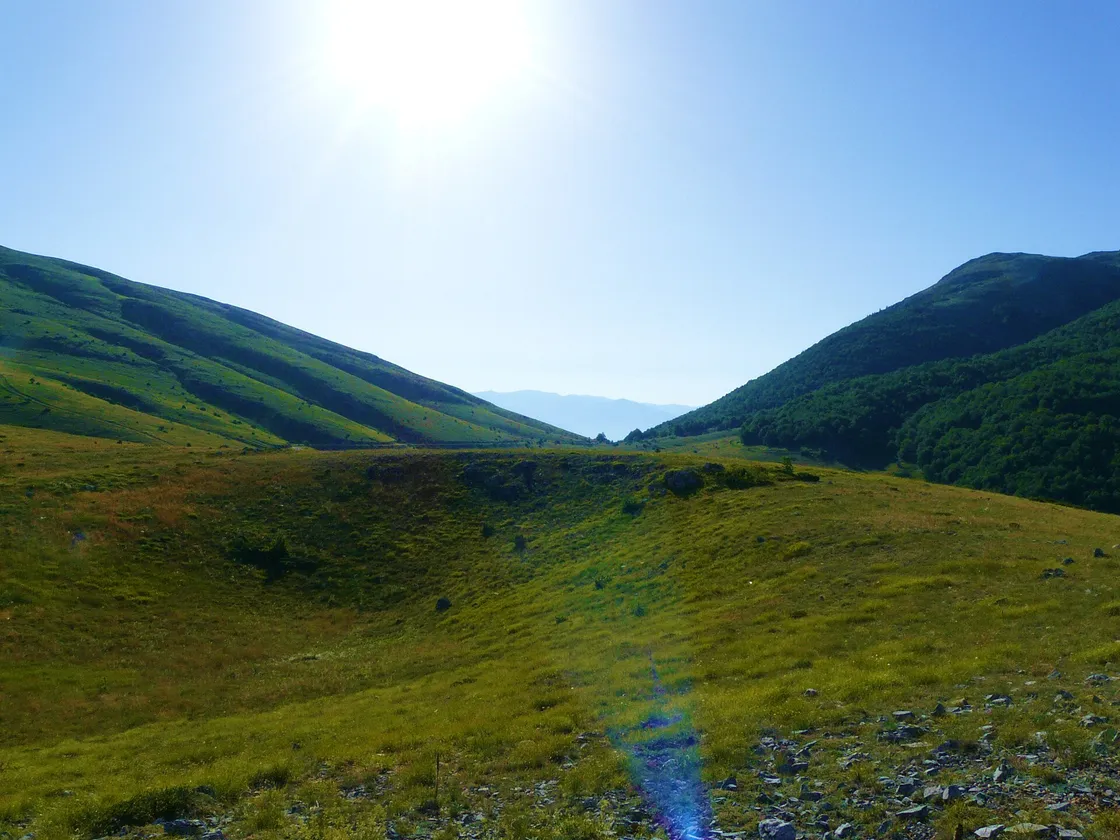 Rolling green alpine grassland and rounded ridges of the high Galičica plateau in summer sun