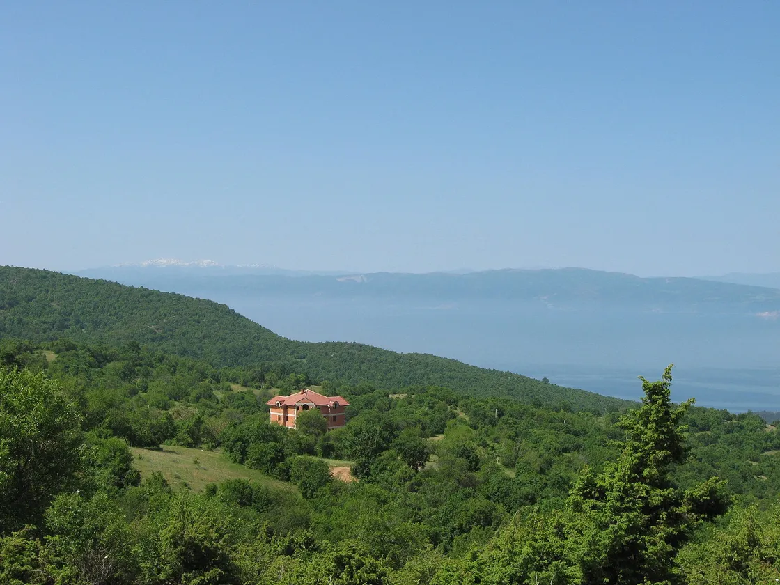 Wooded slopes of Galičica dropping to the hazy expanse of Lake Ohrid with distant mountains