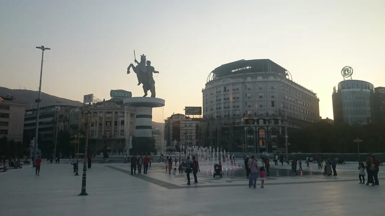 Macedonia Square in central Skopje, the usual end point for buses arriving from Sofia, Thessaloniki and Pristina
