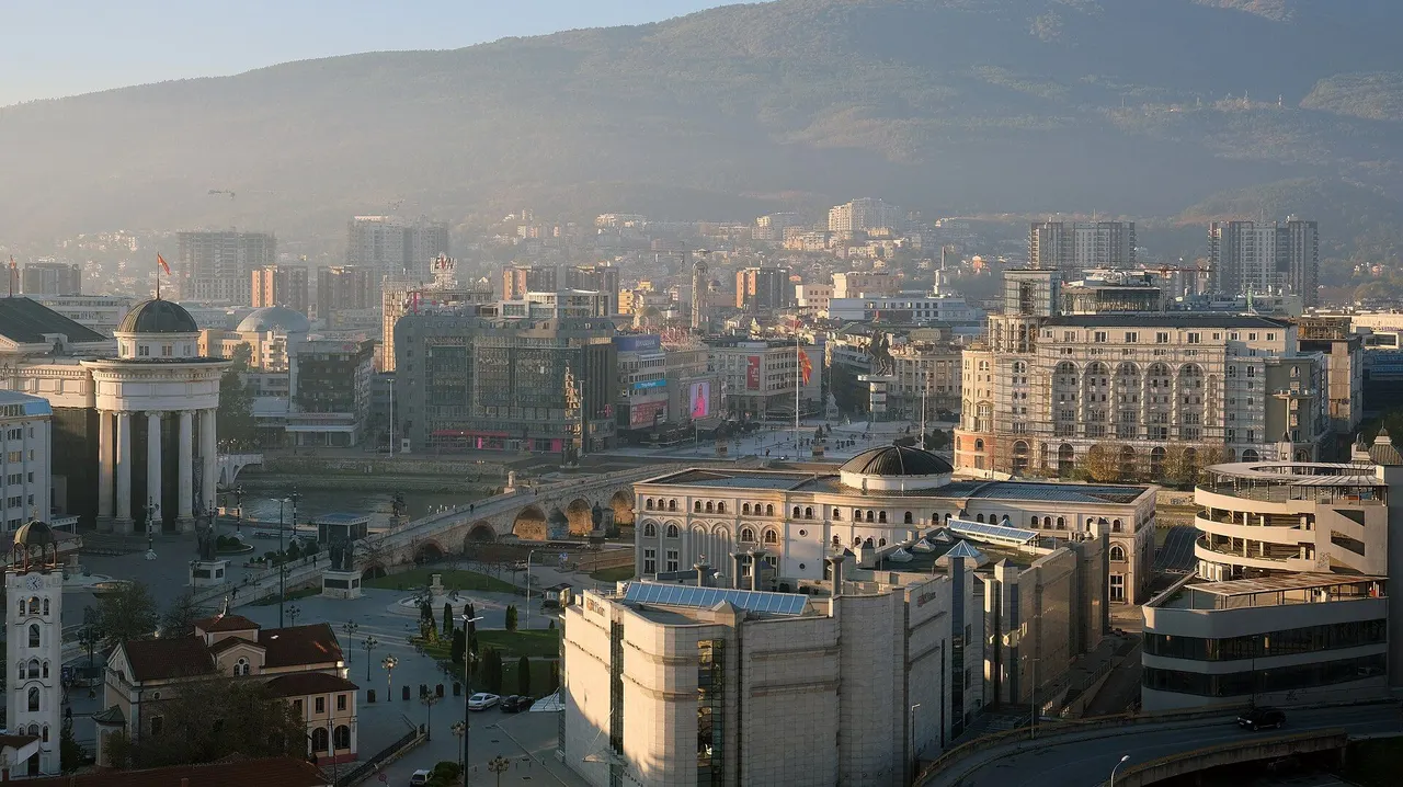 Skopje city centre and the Vardar river seen from Kale fortress on a clear day