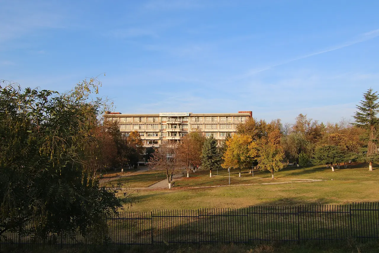 General hospital in Kavadarci behind a park with autumn trees, seen from the fence