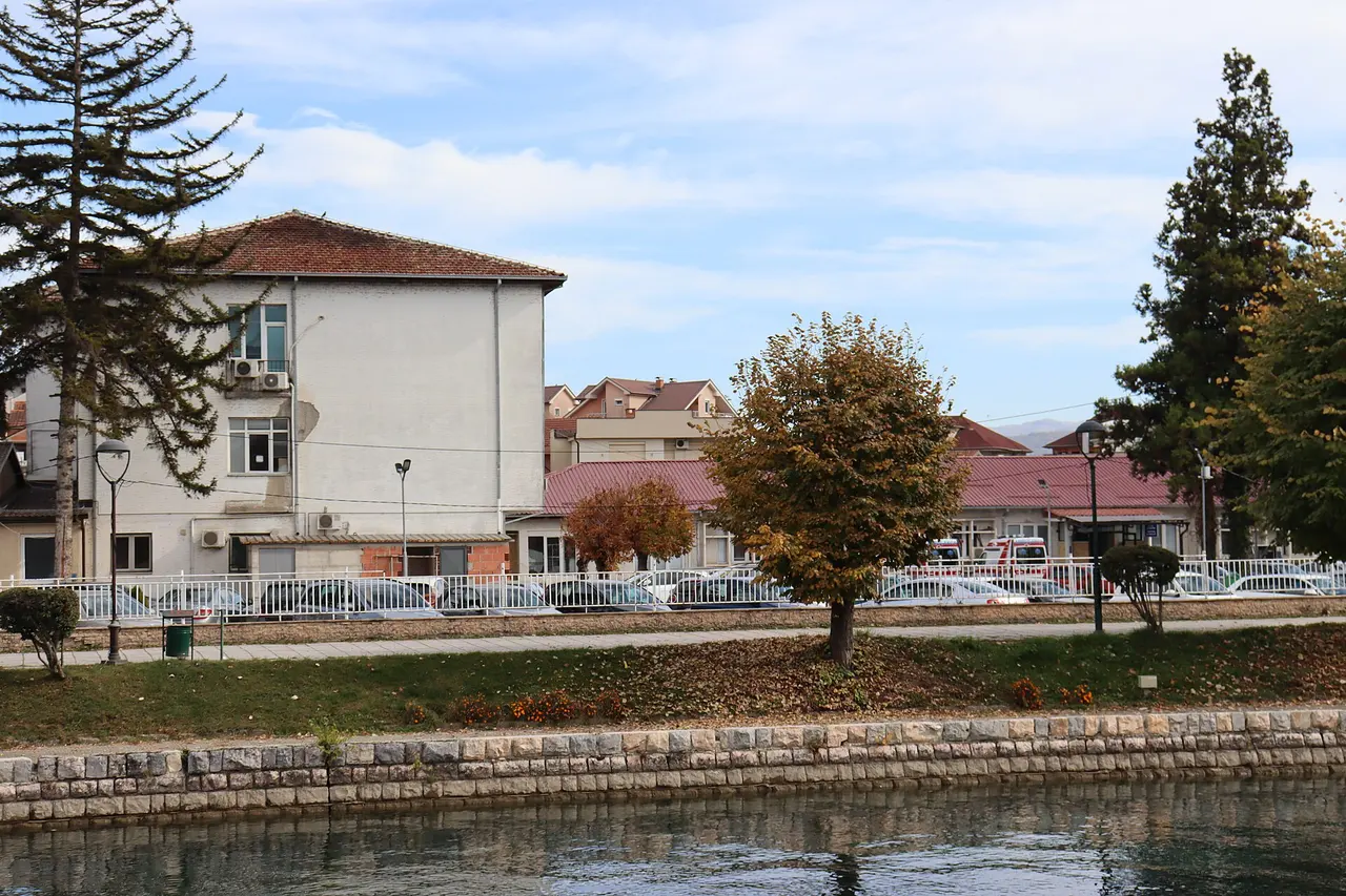 Public general hospital in Struga seen across the Black Drim river, with autumn trees along the bank