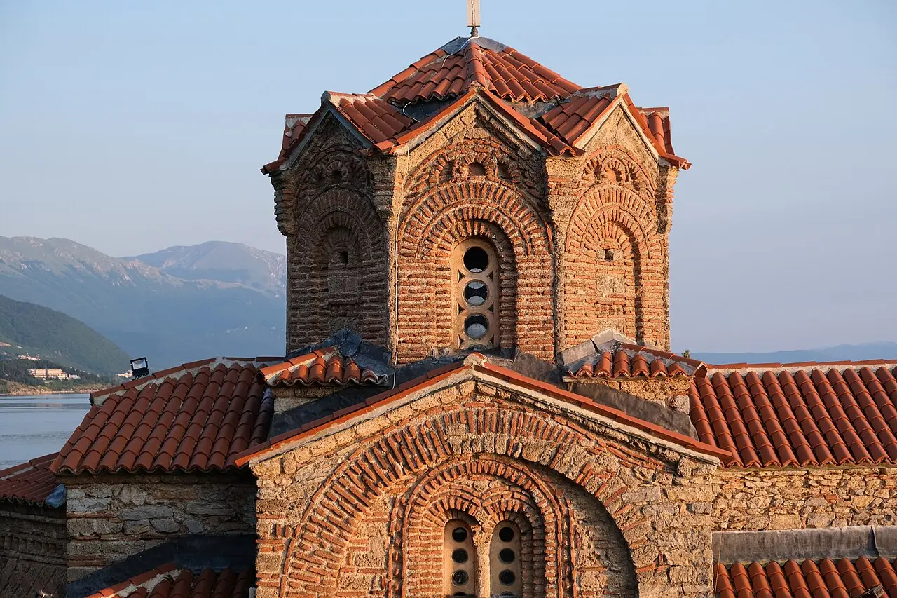 The cliff-top Church of St. John at Kaneo above the blue water of Lake Ohrid