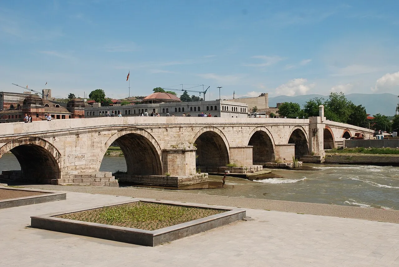 The Ottoman-era Stone Bridge over the Vardar river in Skopje with the Old Bazaar behind