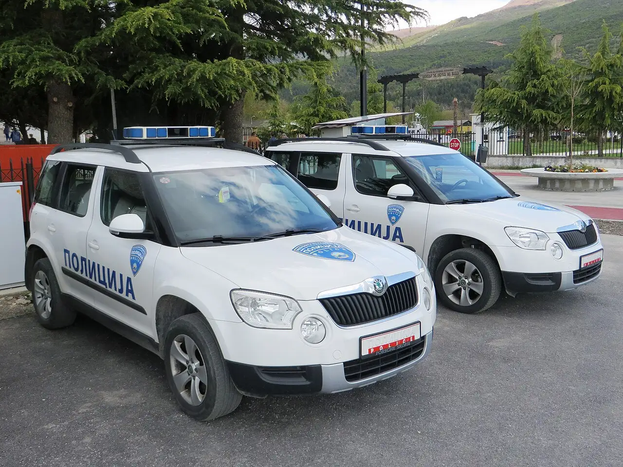 A marked North Macedonian police car parked on a city street