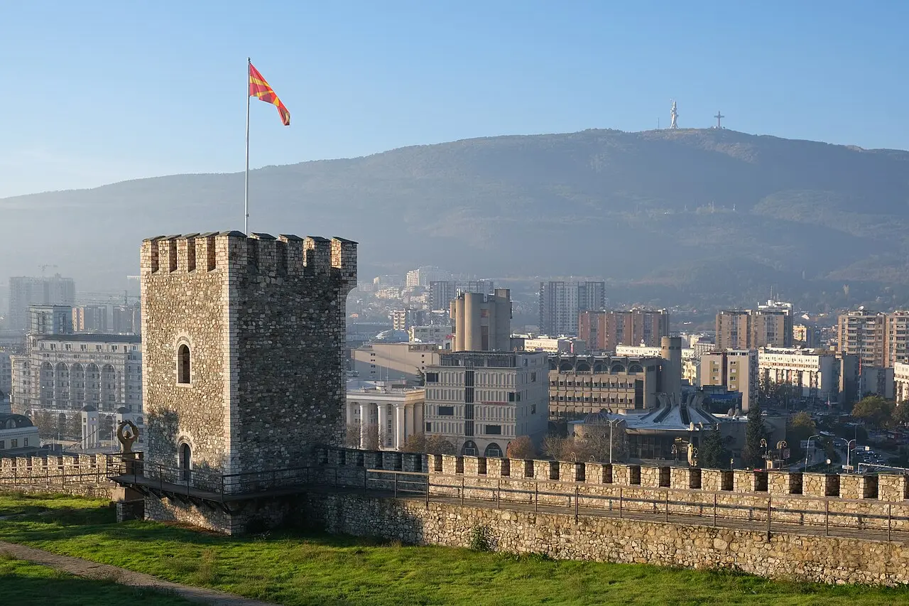 The stone walls and towers of the Kale Fortress above Skopje