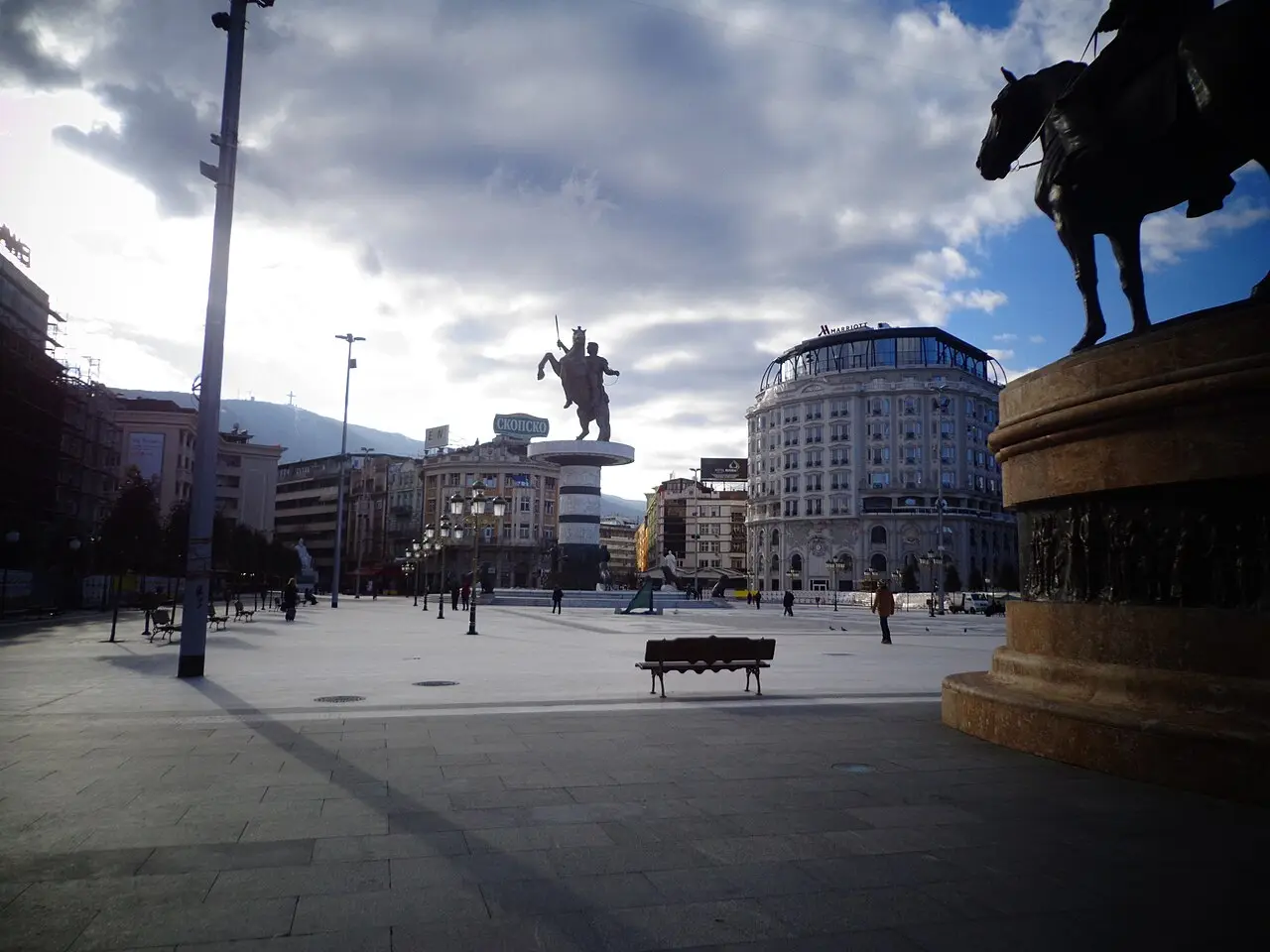 Macedonia Square in Skopje ringed by neoclassical facades and monuments