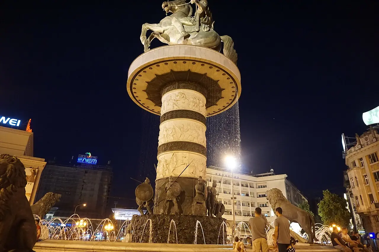 The towering Warrior on a Horse fountain and column in central Skopje