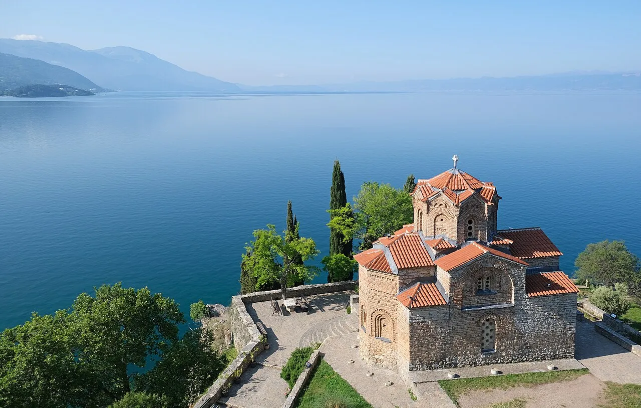 The cliff-top Church of St. John at Kaneo above the blue water of Lake Ohrid