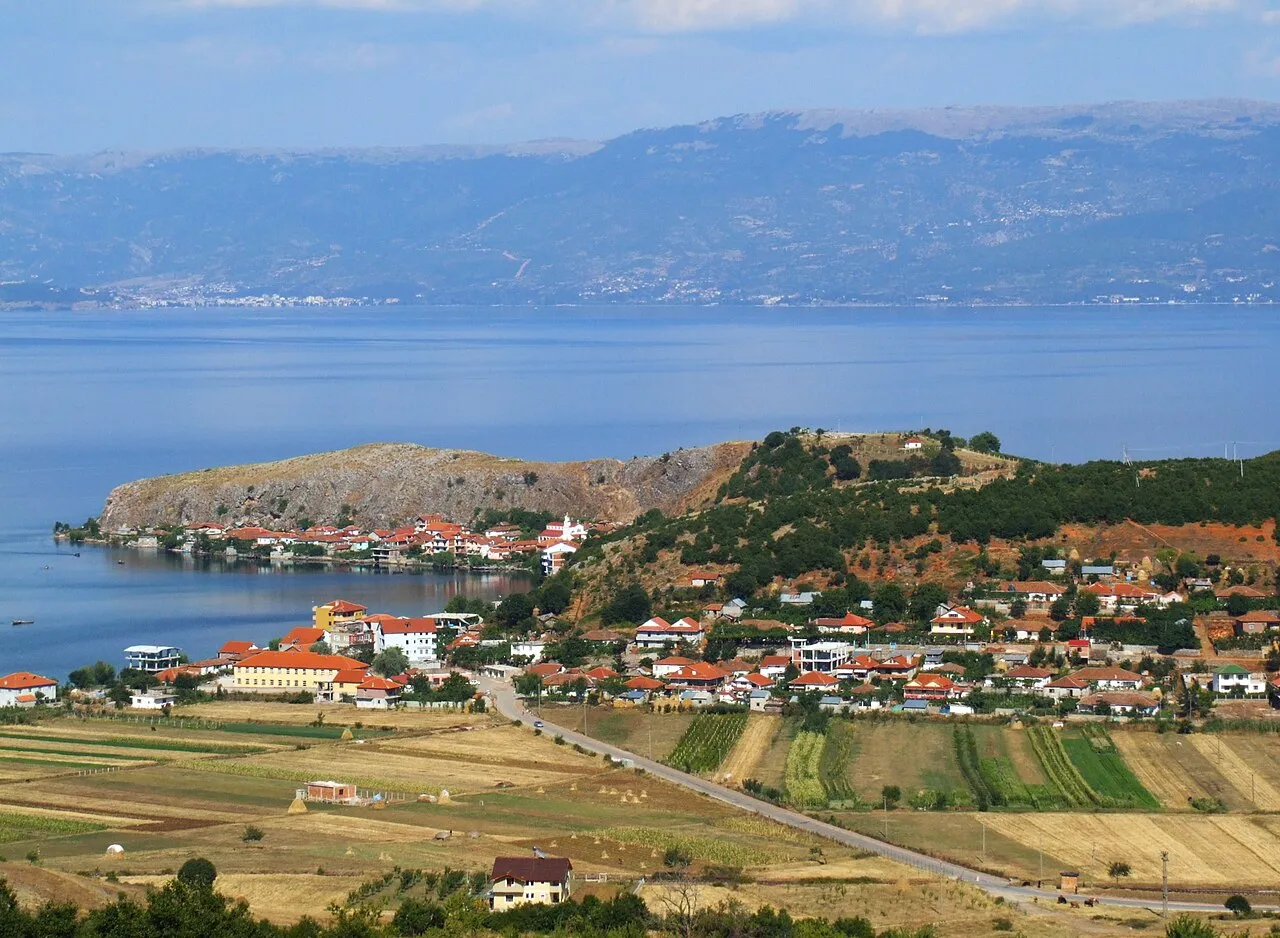 The Lin peninsula reaching into Lake Ohrid, ringed by water on three sides