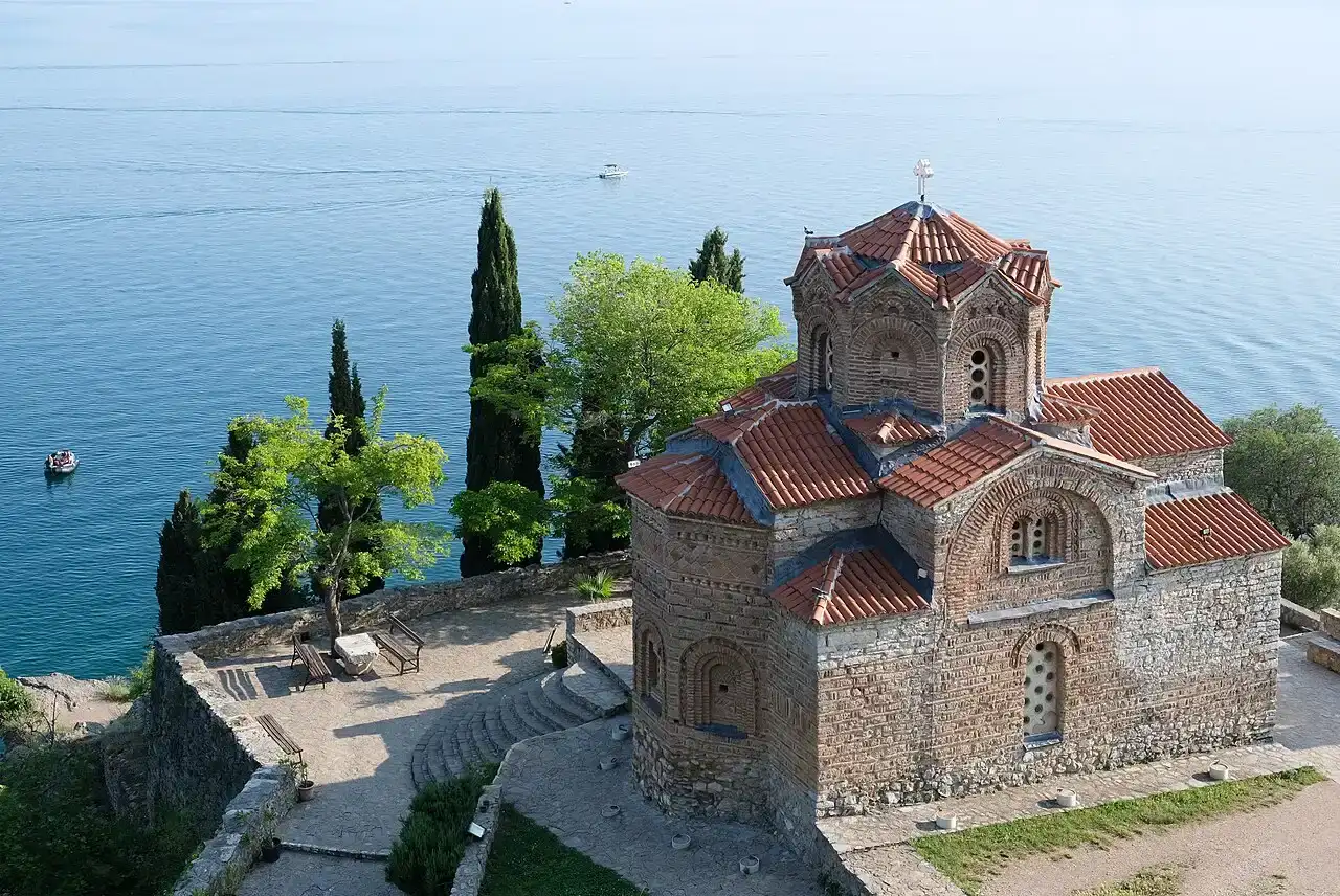 The Church of St. John at Kaneo on its cliff terrace high above the clear water of Lake Ohrid