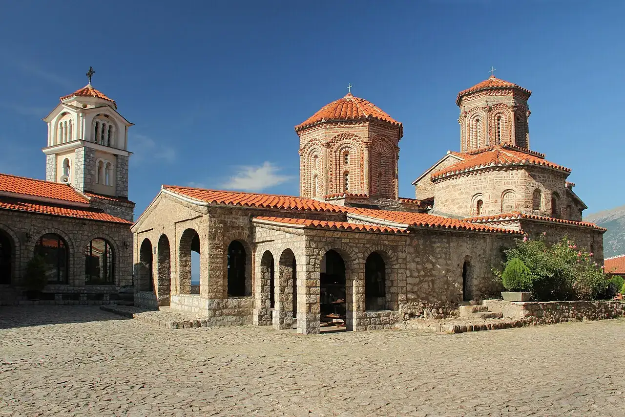 The stone church and arcaded courtyard of the Monastery of St. Naum above Lake Ohrid