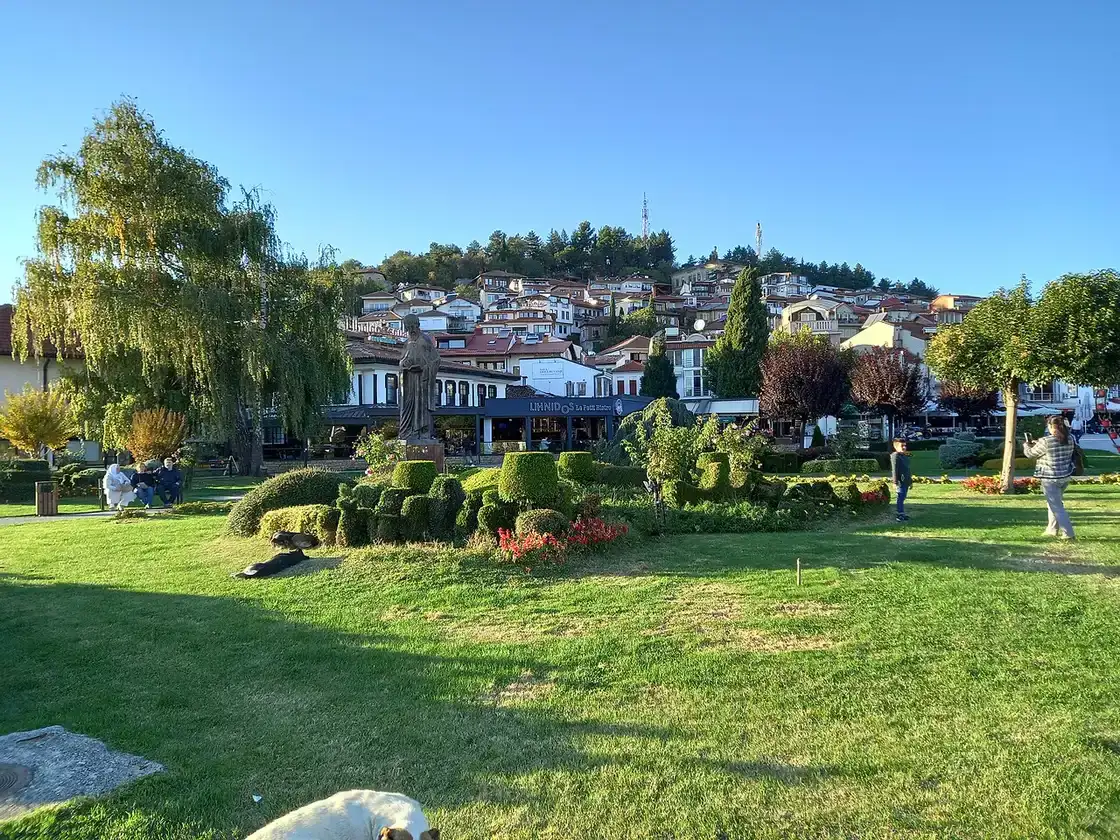 Cars and buildings along a downtown street in Ohrid