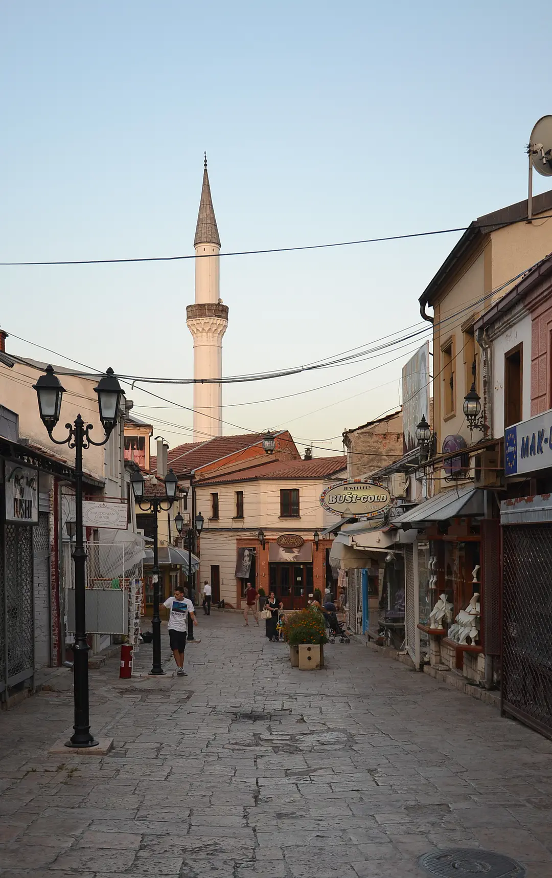 A cobbled lane in Skopje's Old Bazaar lined with shops and eateries