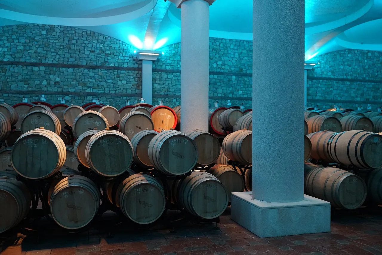 Oak barrels aging wine in a Macedonian cellar