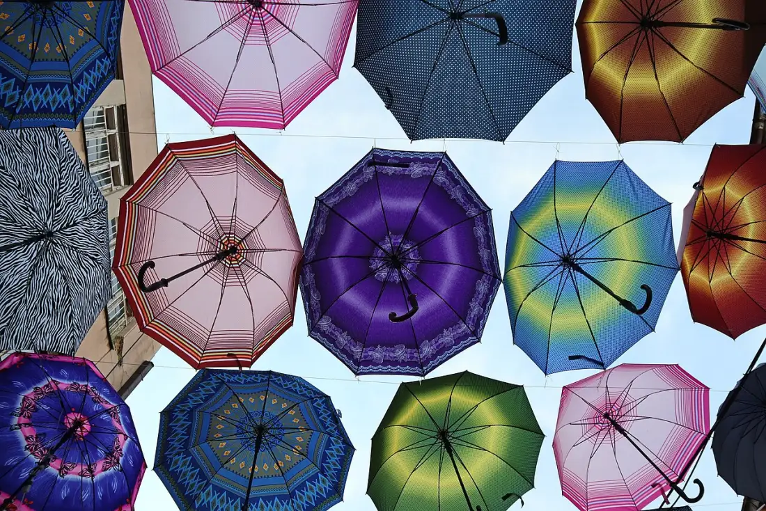 Colourful umbrellas hanging over a lane in Skopje Old Bazaar