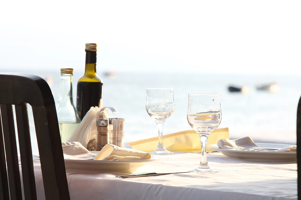 Outdoor restaurant tables and chairs in Ohrid ready for guests