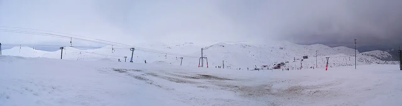 Wide panorama of the snow-covered Mavrovo ski area with lift lines crossing the slopes
