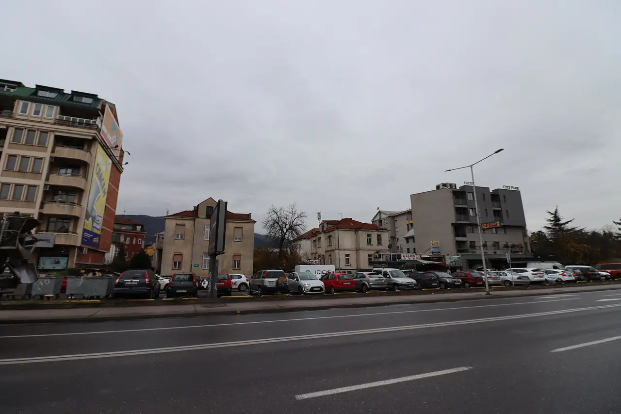 A quiet residential street with low houses and trees in Debar Maalo, Skopje