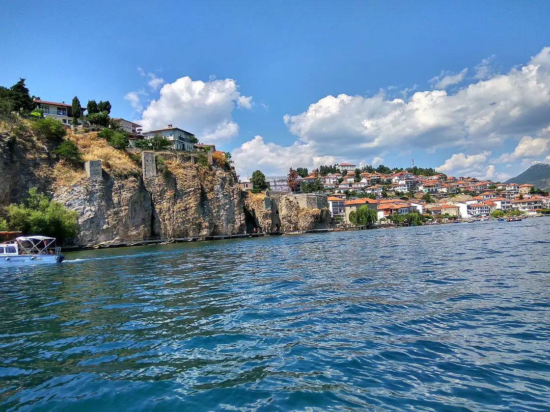 The blue expanse of Lake Ohrid seen from the shore in summer