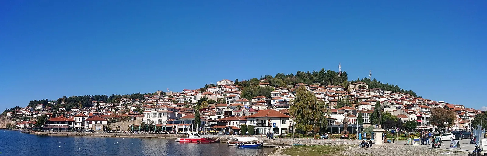 A wide panorama of Lake Ohrid and the old town below the Galicica hills