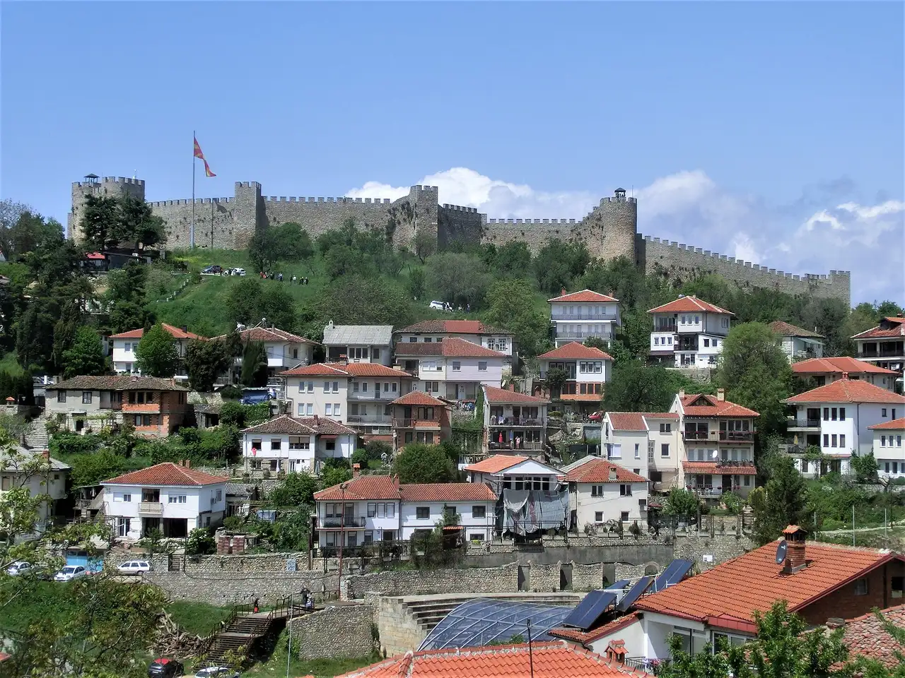 The old town of Ohrid climbing toward Samuel's Fortress above Lake Ohrid