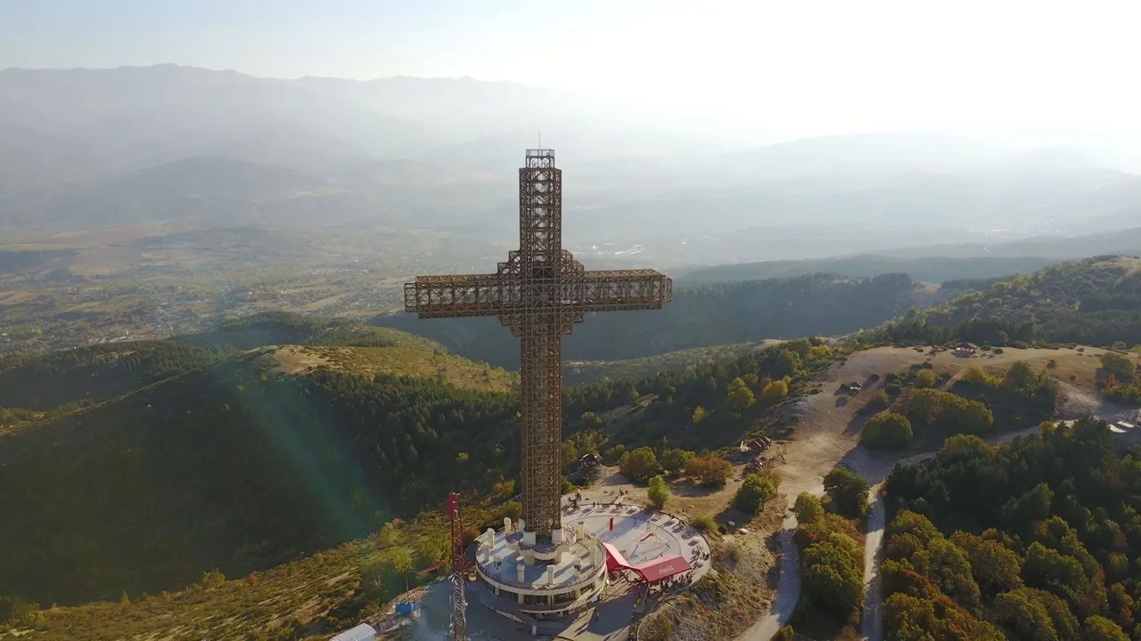 The Millennium Cross on Mount Vodno seen from the air above Skopje