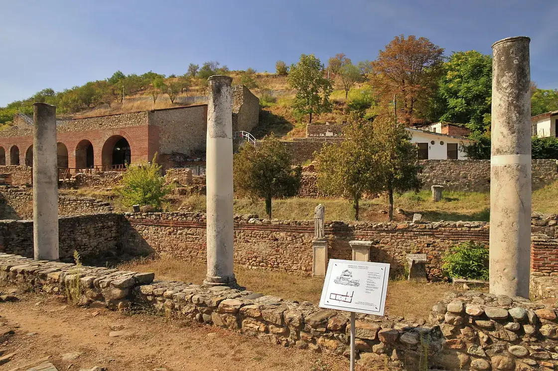 Floral floor mosaics and standing columns of the basilica at Heraclea Lyncestis near Bitola