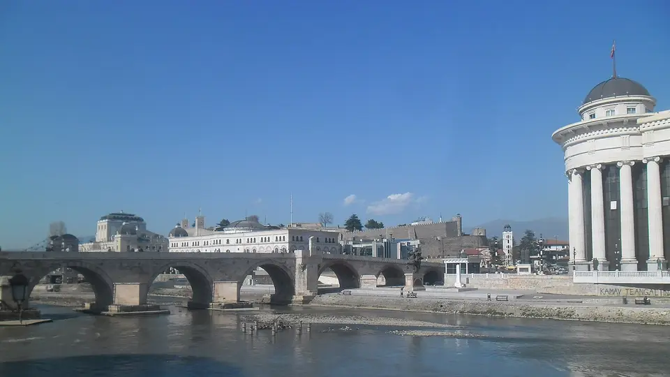 The Stone Bridge over the Vardar in Skopje with the Kale Fortress on the hill behind