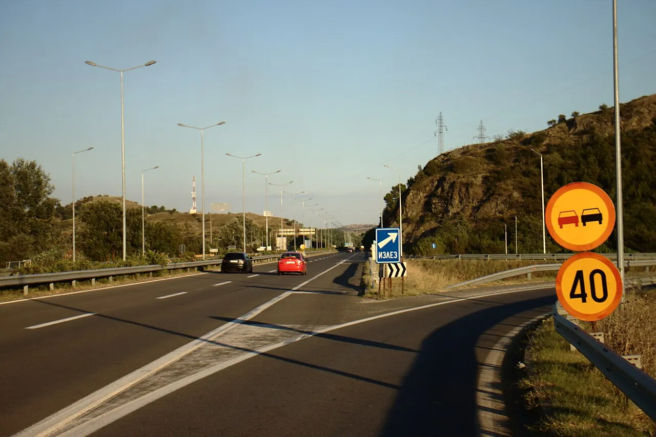 The A1 motorway near Gevgelija with an exit sign, the last stretch before the Bogorodica border crossing into Greece