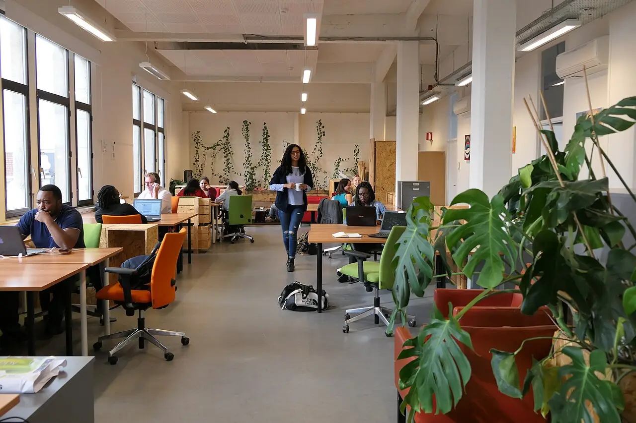 A bright open-plan co-working office with long desks and people working on laptops