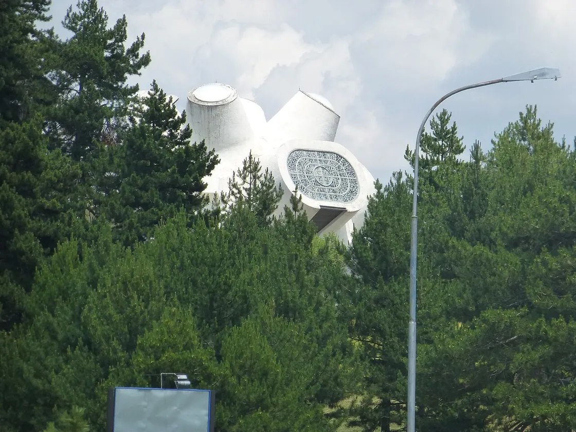 The white spherical Makedonium monument above Krushevo, built to commemorate the 1903 Ilinden Uprising