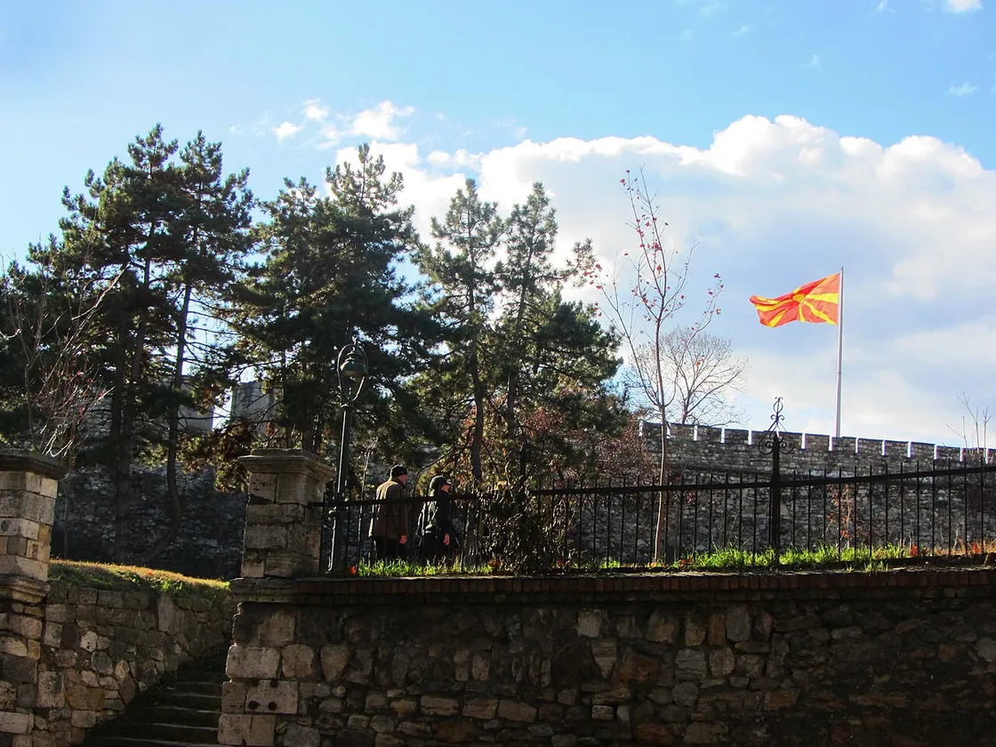 The Macedonian national flag flying over the walls of Skopje Fortress (Kale)