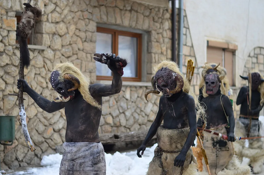 A close-up handmade grotesque mask worn at the Vevčani Carnival in North Macedonia